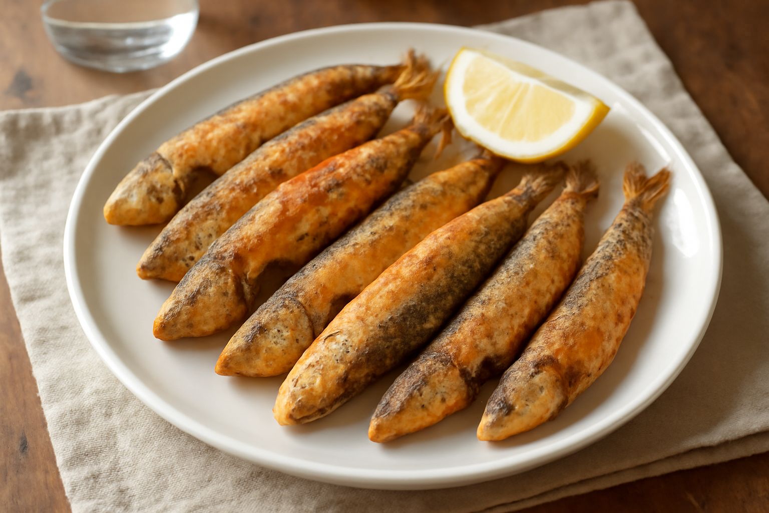 Sardenare dorate e croccanti in un piatto bianco, sardine intere fritte ancora fumanti, guarnite con limone fresco tagliato a spicchi e prezzemolo verde