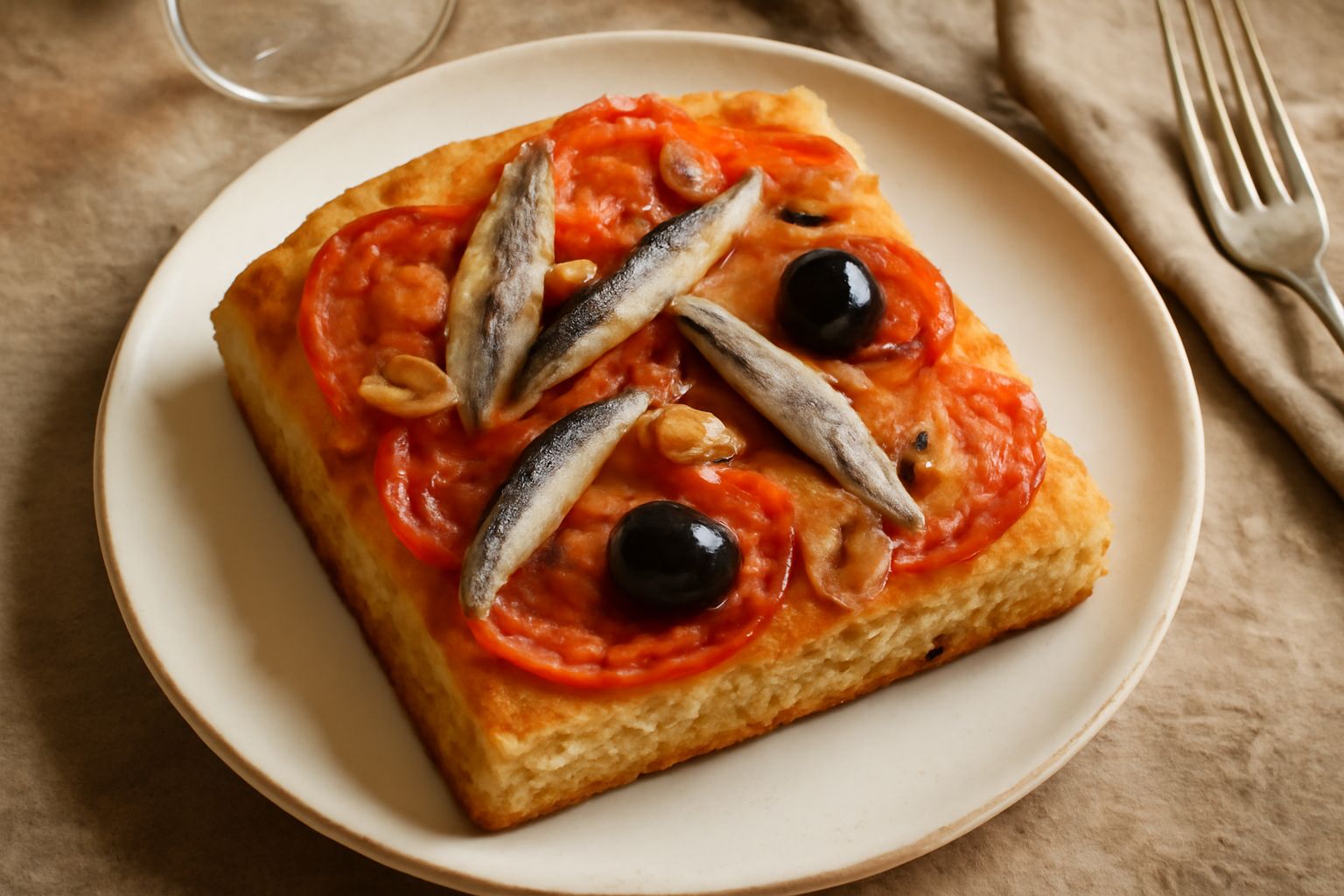 Sardenaria su teglia di metallo, focaccia dorata croccante ricoperta di pomodori rossi, cipolle trasparenti, aglio, acciughe argentate e fette di olive nere, vista dall'alto con leggera guarnizione di