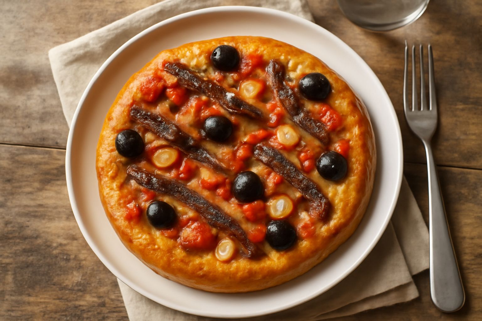 Sardenera appena sfornata, focaccia rettangolare dorata con superficie untuosa, ripieno di pomodori rossi, acciughe e olive nere visibili in superficie, pezzetti di aglio, olio di oliva lucido