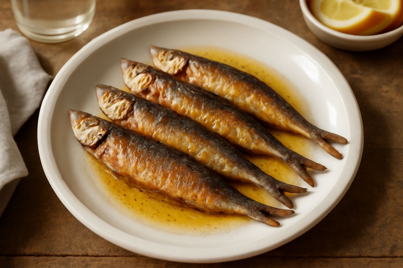 Sardine dorate e croccanti in una padella d'acciaio, con scorza di limone fresco e prezzemolo tritato, fondo bianco sfumato
