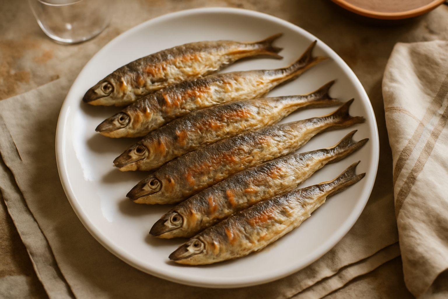 Sardine intere dorate al forno su un piatto bianco, guarnite con fette di limone fresco e prezzemolo verde, con olio d'oliva che luccica sulla pelle croccante