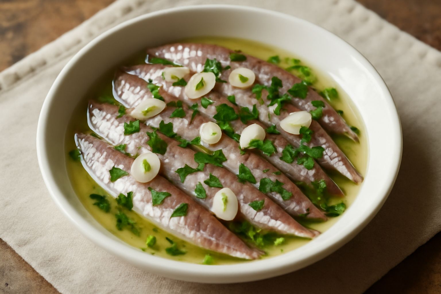 Sardine intere rosate disposte in un piatto bianco con aceto trasparente, aglio affettato sottile, prezzemolo fresco verde e olive nere sparse, olive spezzate a metà attorno al pesce