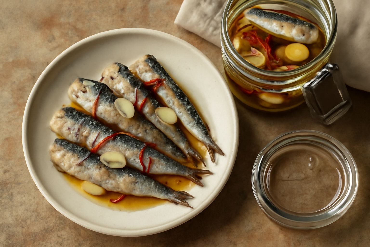 Barattolo di vetro con sardine argentate immerse in olio dorato, aromatizzate con spicchi di aglio, peperoncino rosso e rametti di rosmarino fresco su fondo bianco