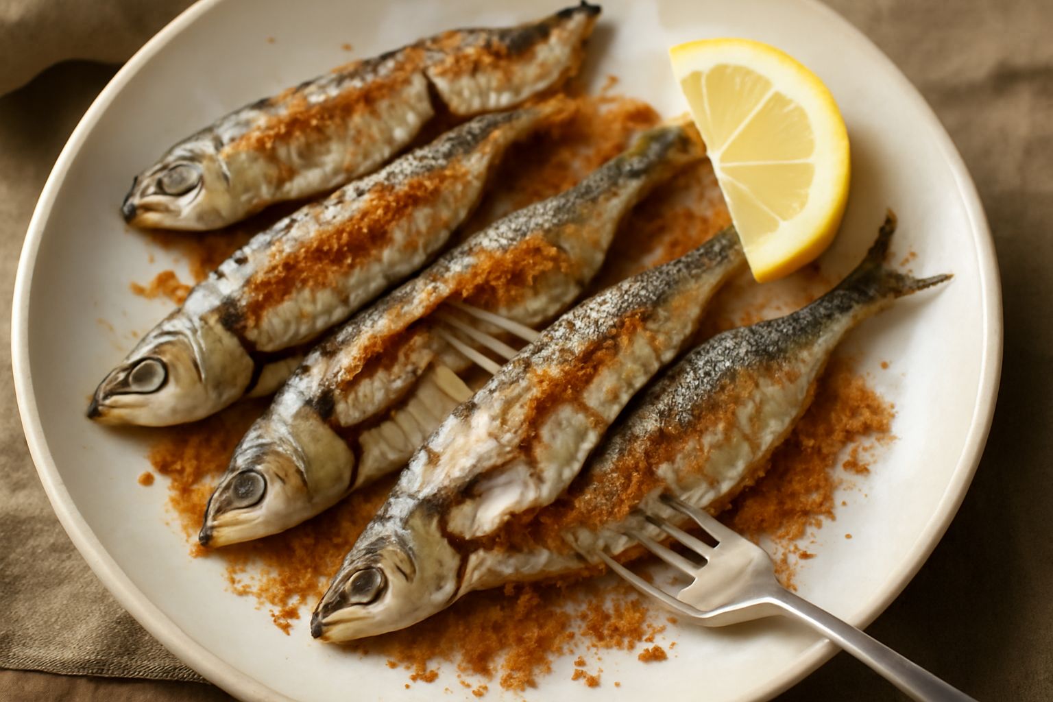 Sardine intere dorate al forno su carta da forno bianca, cosparse di pangrattato dorato, limone fresco affettato e prezzemolo verde sul bordo del piatto bianco