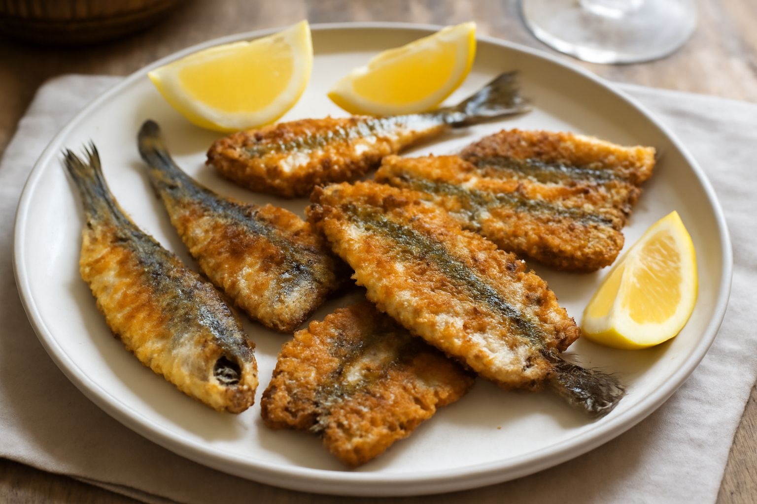 Sardine fritte dorate e croccanti in un piatto bianco, guarnite con fette di limone fresco, prezzemolo verde, con gocce di olio che brillano
