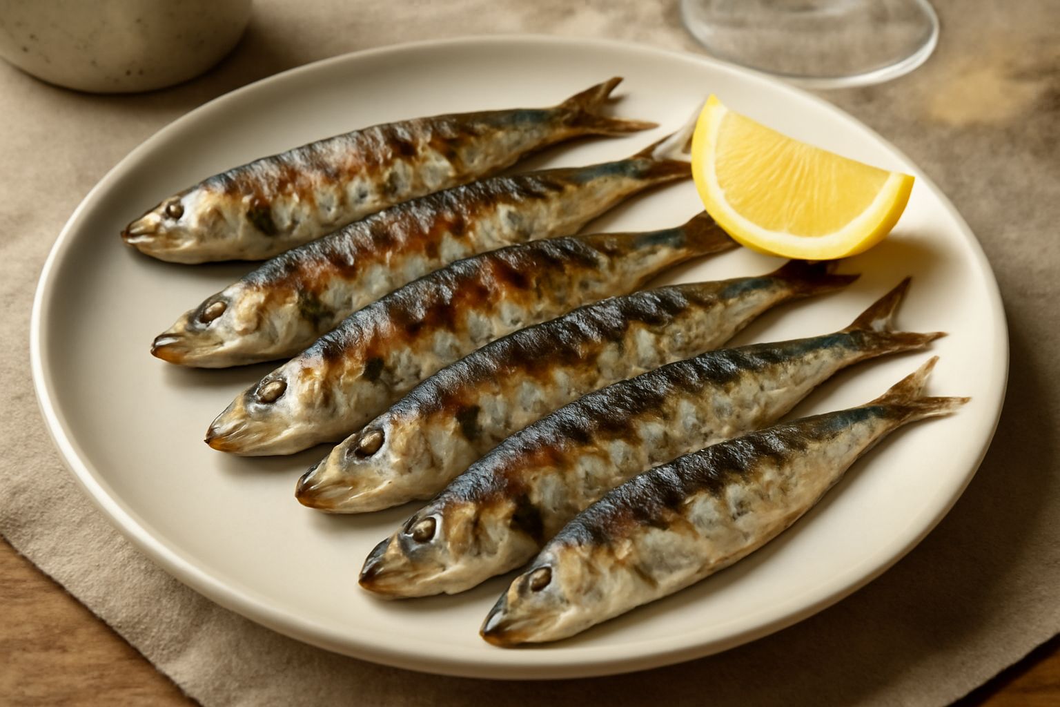 Sardine grigliate intere su un piatto bianco, pelle dorata e croccante, guarnite con spicchi di limone giallo e prezzemolo fresco tritato, con striature scure della griglia ben visibili