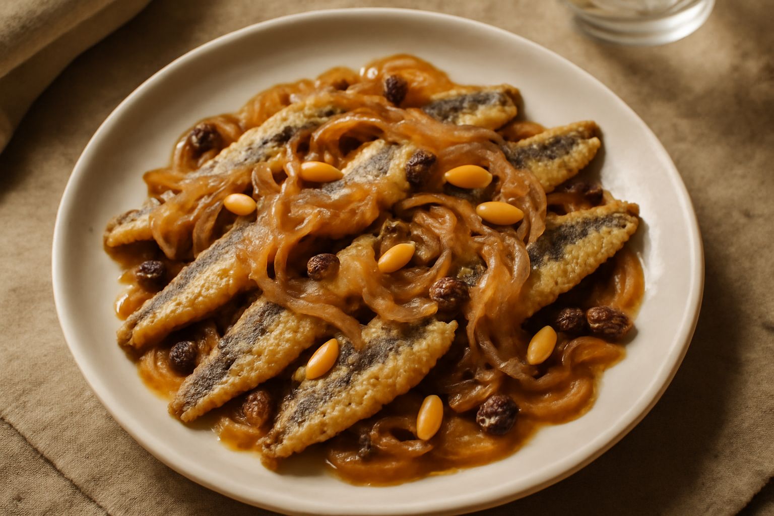 Sardine in saor servite in un piatto bianco: filetti di sardina dorati alternati a fettine di cipolla caramellata, sparsi di pinoli e uvetta, condite con aceto balsamico scuro