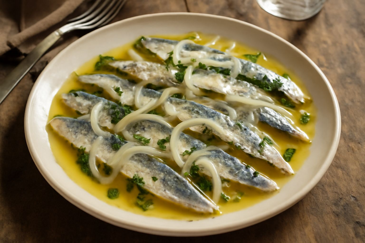 Piatto di sardine marinate filettate, disposte a ventaglio su fondo bianco, coperte di marinata trasparente con fette sottili di cipolla bianca e rosmarino fresco, con gocce di olio d'oliva che risple