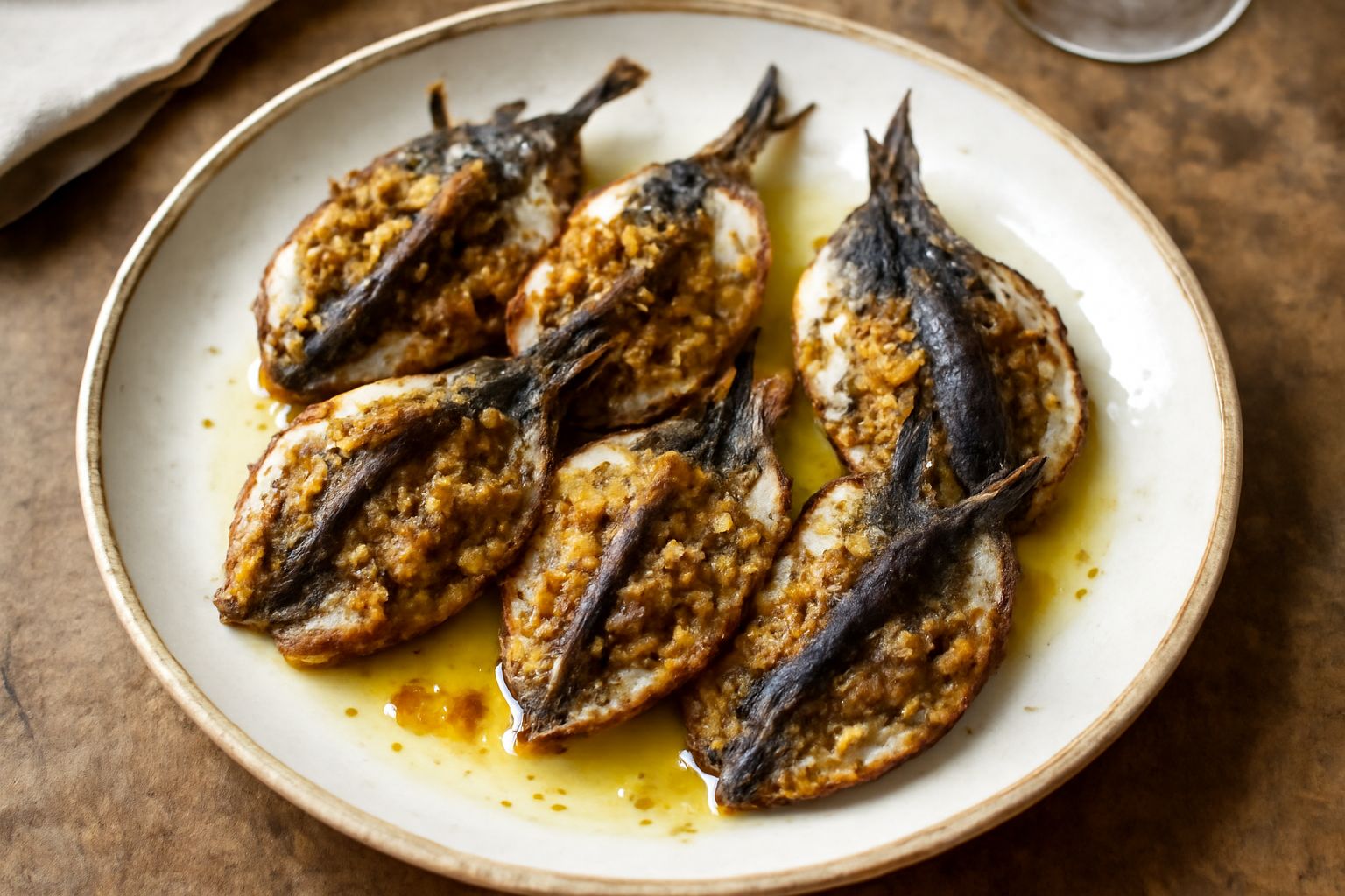 Sardine ripiene dorate in teglia, riempite di mollica bianca e pangrattato, contorno di limone fresco tagliato a spicchi e prezzemolo verde
