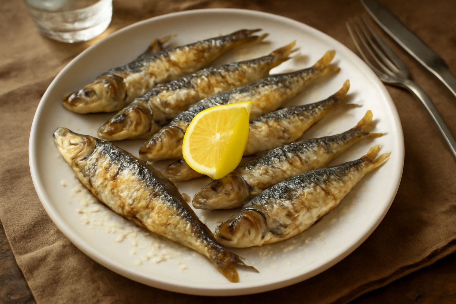 Sardine salate dorate e croccanti disposte su un piatto bianco con limone fresco tagliato a spicchi, prezzemolo verde e filo di olio d'oliva