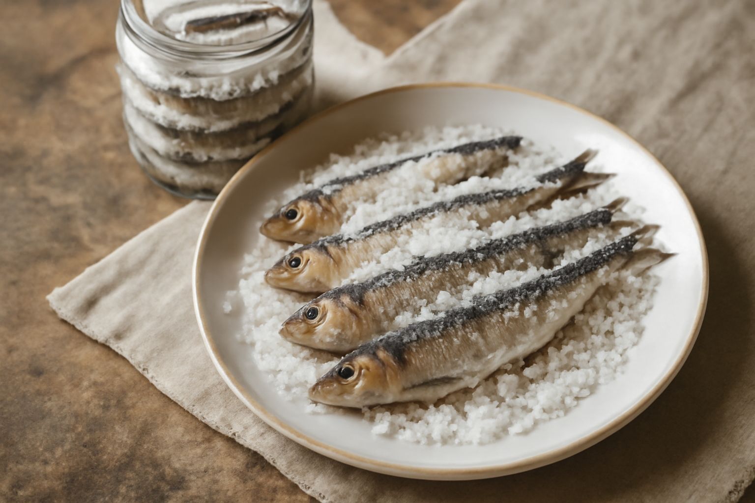 Barattolo di vetro con sardine intere ricoperte di sale marino grosso, visibili squame argentee lucide, layer alternati di pesce e cristalli di sale bianco, sfondo neutro