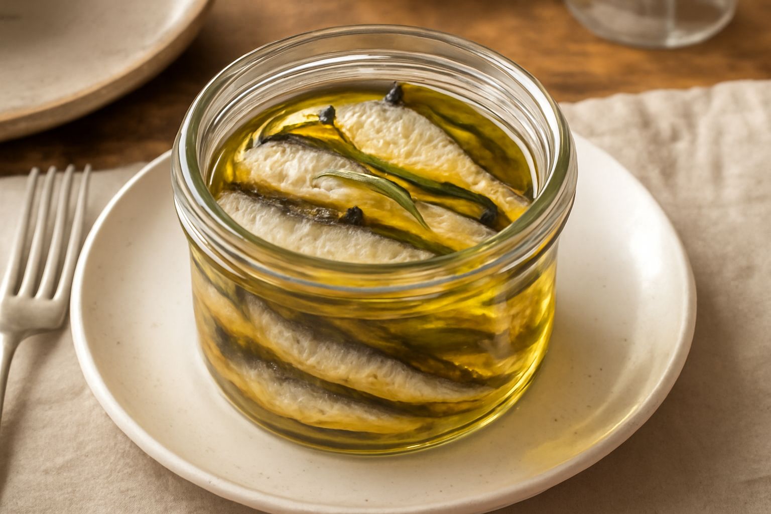 Vasetto di vetro con sardine intere sott'olio, corpo argentato lucente, disposte a spina di pesce, coperte da olio trasparente con qualche rametto di rosmarino fresco e grani di pepe nero visibili