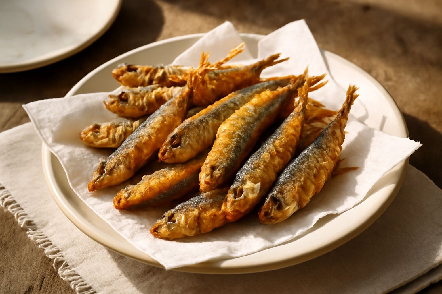 Sardoncini fritti dorati e croccanti disposti su carta assorbente bianca, con buccia scura lucida e interni trasparenti visibili al taglio, limone fresco a fette accanto