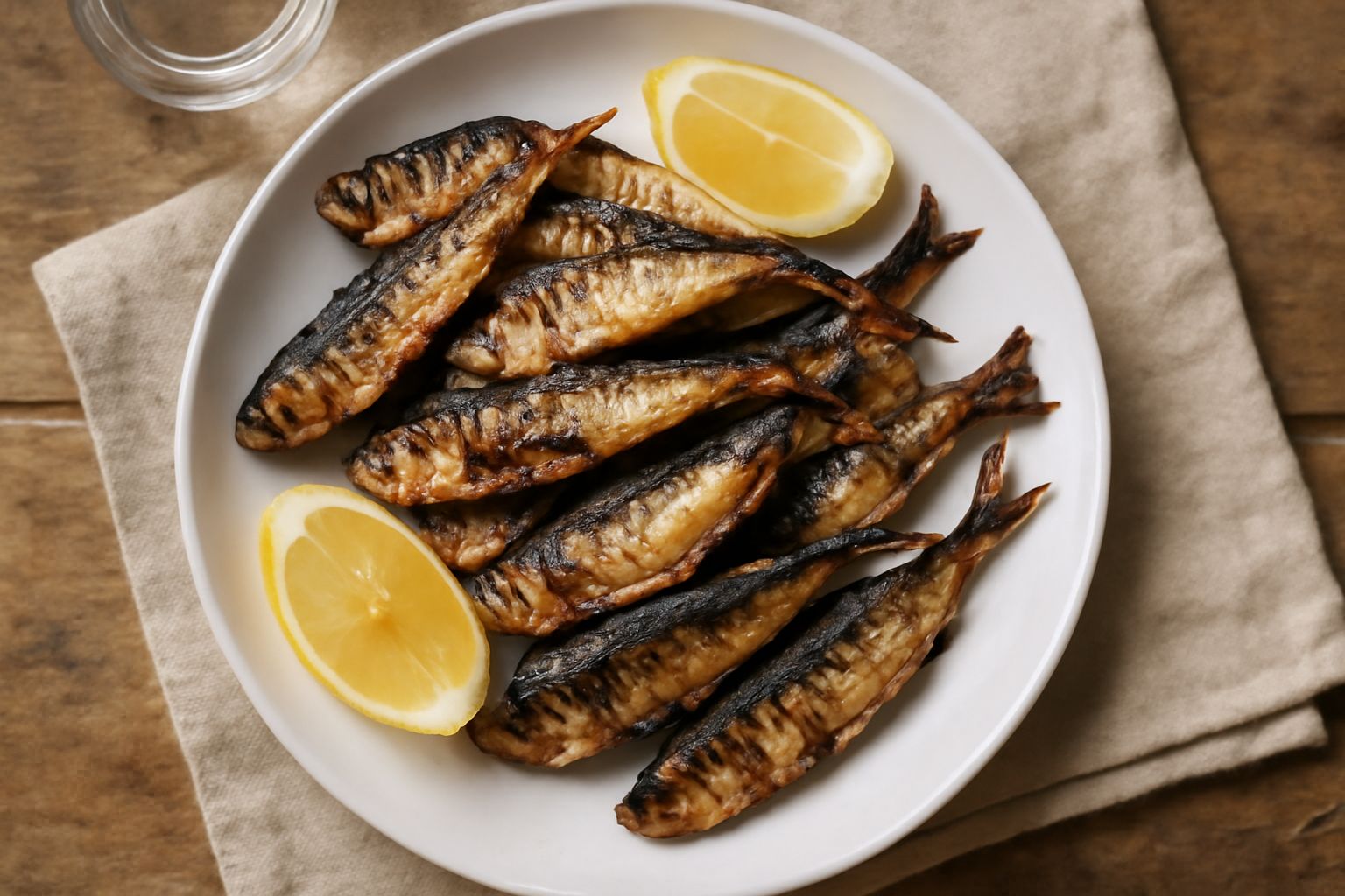 Sardoni arrostiti disposti su un piatto bianco, pelle dorata e leggermente carbonizzata, contorno di limone fresco e rosmarino sulla piastra ancora fumante
