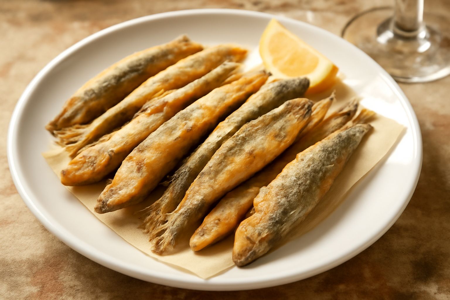 Sardoni fritti dorati e croccanti disposti su piatto bianco con limone a spicchi e prezzemolo fresco, superficie lucida e doratura uniforme