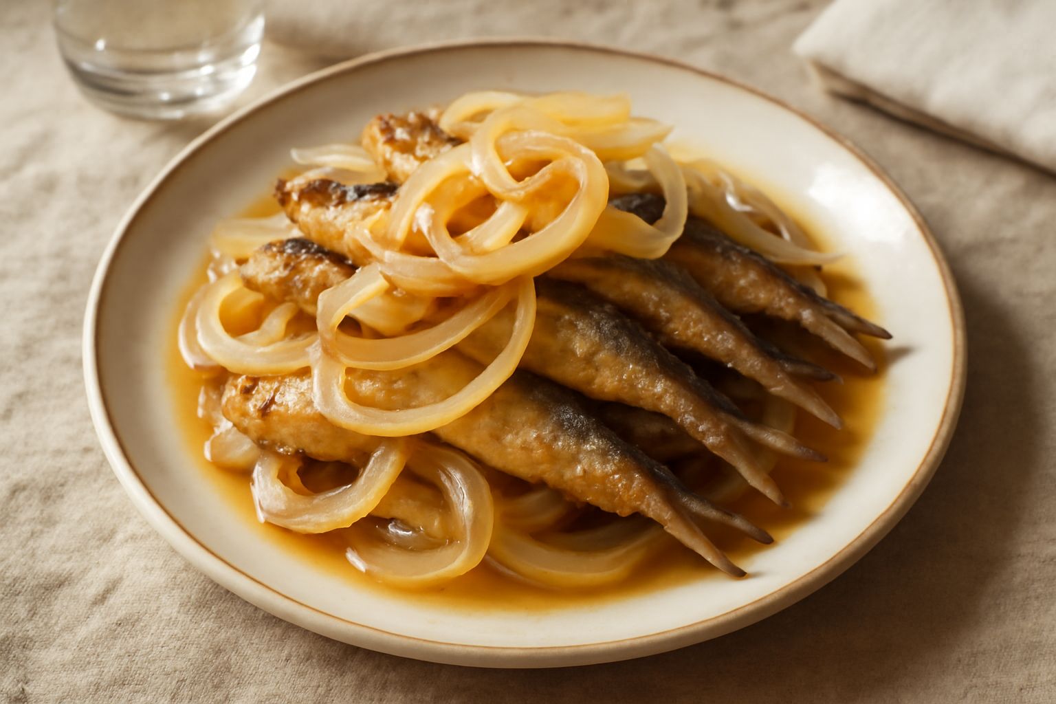 Sardine dorate e croccanti disposte in un piatto bianco con cipolla traslucida e aceto, su sfondo di legno scuro, con un'oliva verde accanto