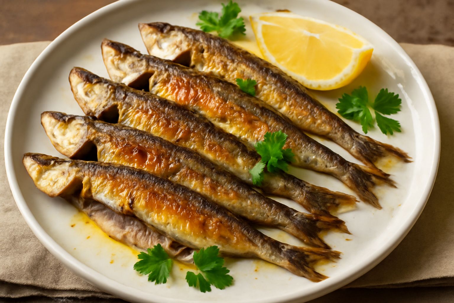 Sardoni marini dorati e croccanti in un piatto bianco, guarniti con limone fresco a fette, prezzemolo verde e gocce di olio d'oliva, contorno di verdure grigliate sfumate