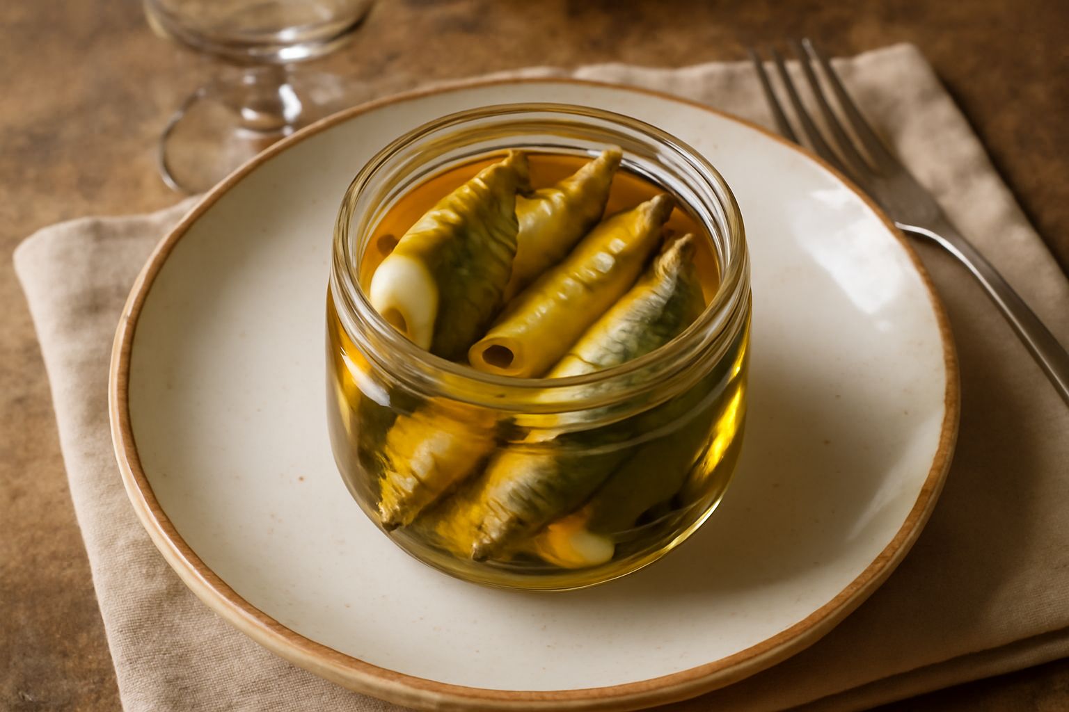 Vasetto di sardoni sottolio visti dal lato: quattro sardine intere, dorate e lucide, immerse in olio trasparente con spicchi di aglio bianco e foglie di alloro, su fondo di legno chiaro