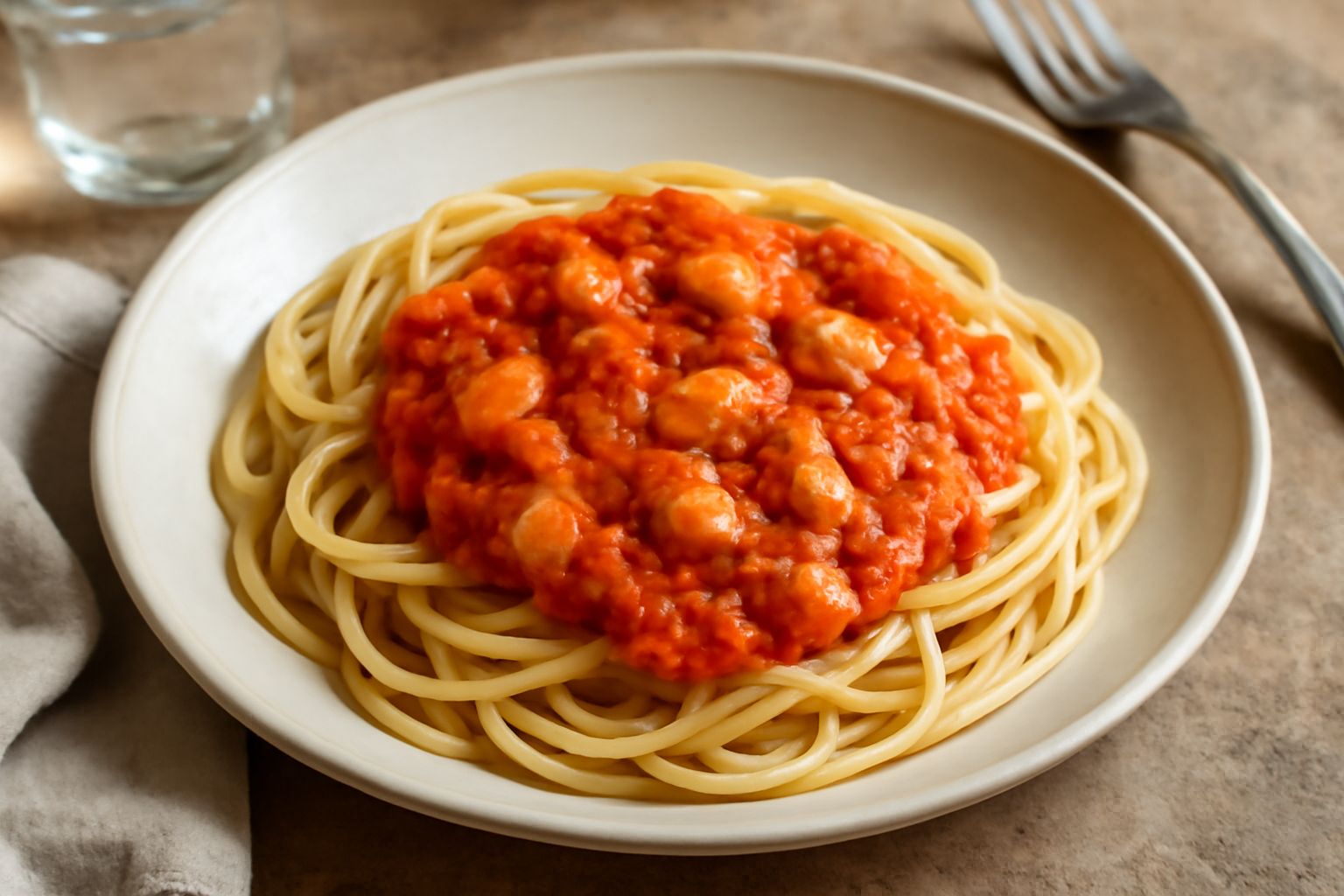 Una ciotola di terracotta con sarsa di pesce dal colore rosso-arancio, con pezzetti di pesce bianco visibili, aromi freschi di prezzemolo verde accanto, e un cucchiaio di legno immerso nel condimento