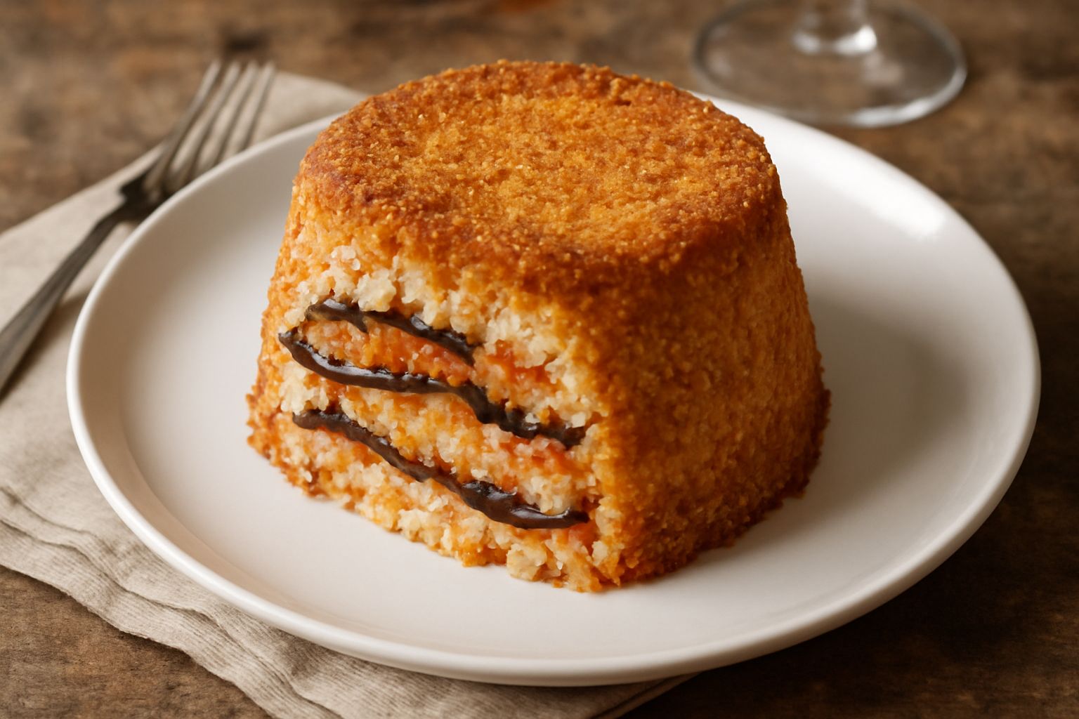 Sartù cosentino smontato su piatto bianco con fetta di timballo dorato, melanzane viola scure visibili tra gli strati di riso bianco, ragù rosso scuro e filamenti di formaggio fuso, contorno di verdur