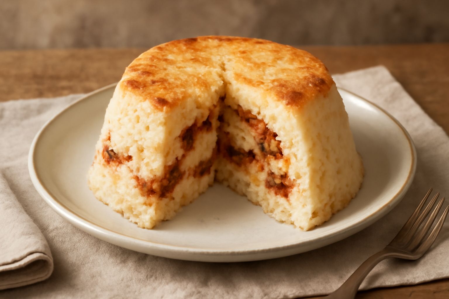 Un sartù di riso appena sfornato in una pirofila di vetro, con la superficie dorata e croccante, tagliato a fette che mostrano l'interno bianco crema con strisce rosse di ragù e pezzi di uova sode
