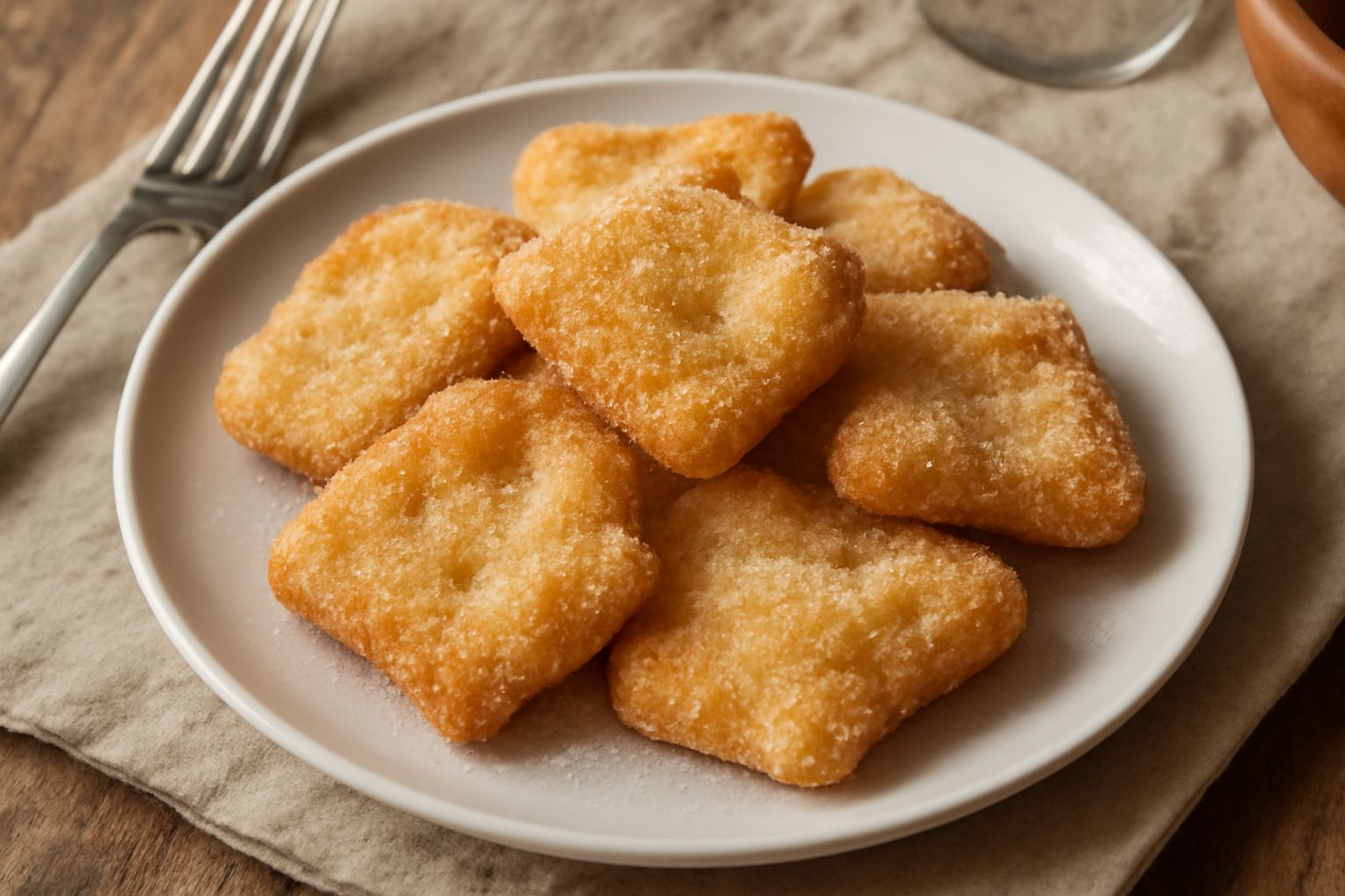 Sasselle dorate e croccanti disposte su carta assorbente, dal colore dorato uniforme, leggermente polverizate di zucchero, con forme irregolari e porose