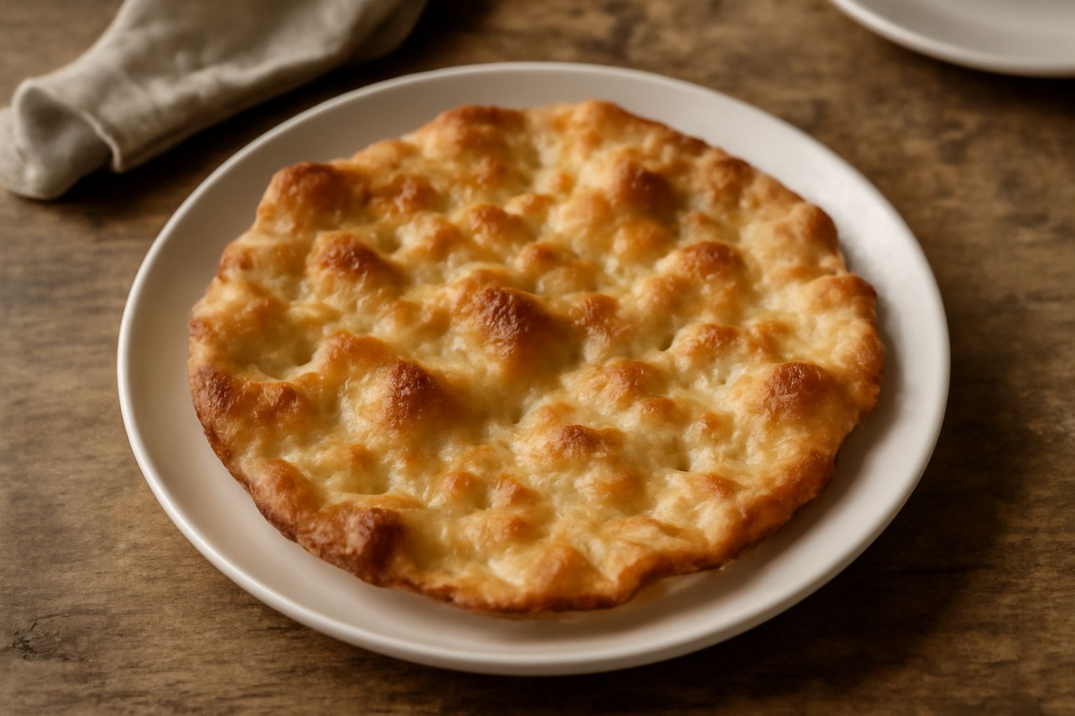 Sassicaia dorata e croccante su carta pergamena, con cristalli di sale grosso visibili sulla superficie, accanto a una ciotola con olio extravergine d'oliva