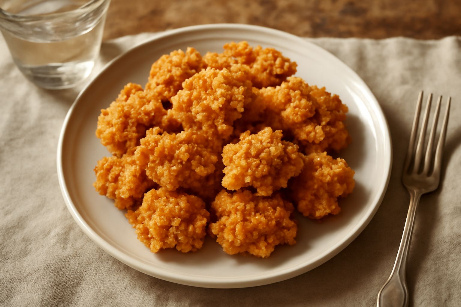 Sassolini calabresi dorati e friabili impilati su un piatto bianco, con superficie granulosa e spigoli irregolari, guarniti con una foglia di menta fresca
