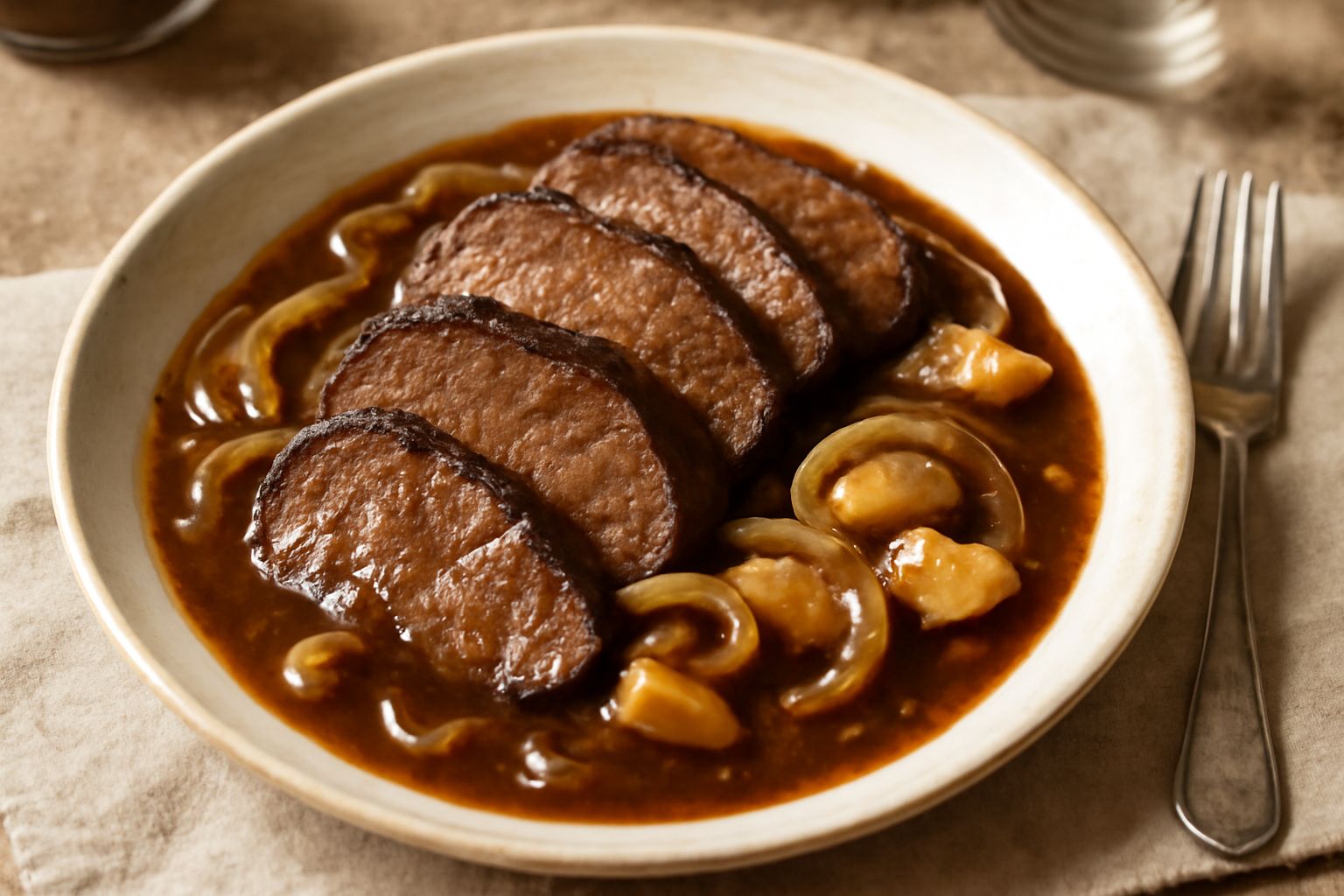 Sauerbraten in un piatto di ceramica bianca: fette di manzo scuro e tenero coperte di salsa marrone densa, con una cipolla caramellata e pezzi di mela al fondo, contornato da pane di segale scuro e se