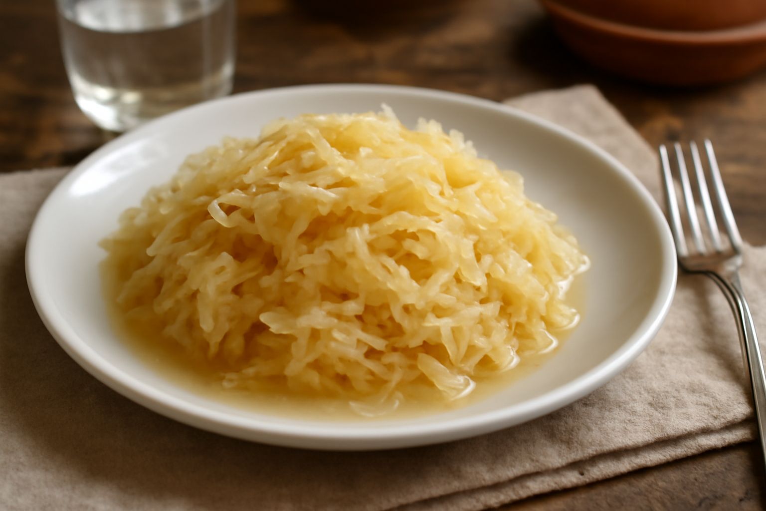 Cavolo fermentato sauerkraut in barattolo di vetro trasparente, acidulo e dorato, con fette sottili di cavolo chiaro ammassate, liquido lattiginoso visibile, su fondo bianco