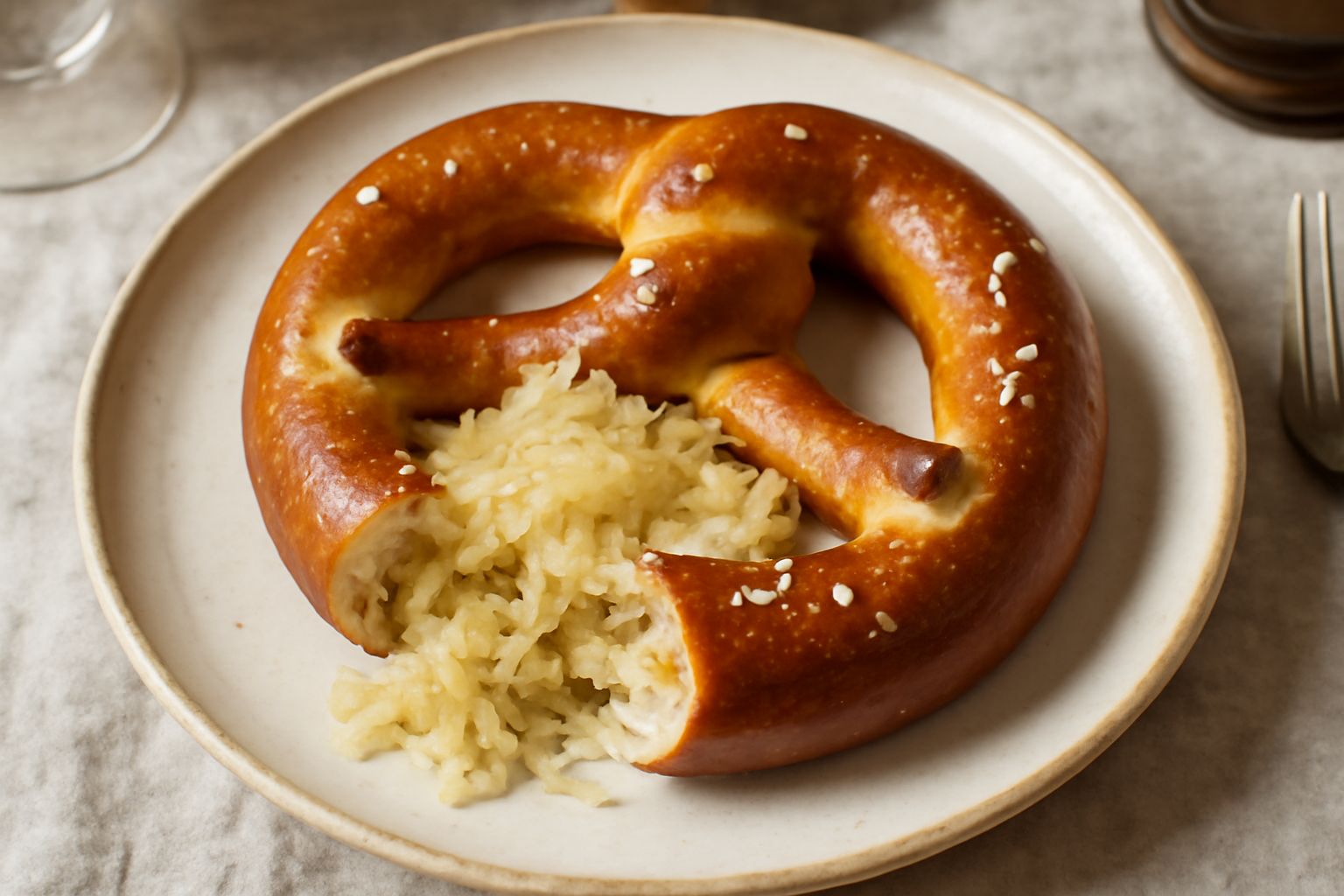 Bretzel dorato a forma di nodo con superficie cosparsa di sale grosso, ripieni visibili di cavolo fermentato verde-bianco, serviti su tavolo di legno naturale con bicchiere di birra scura