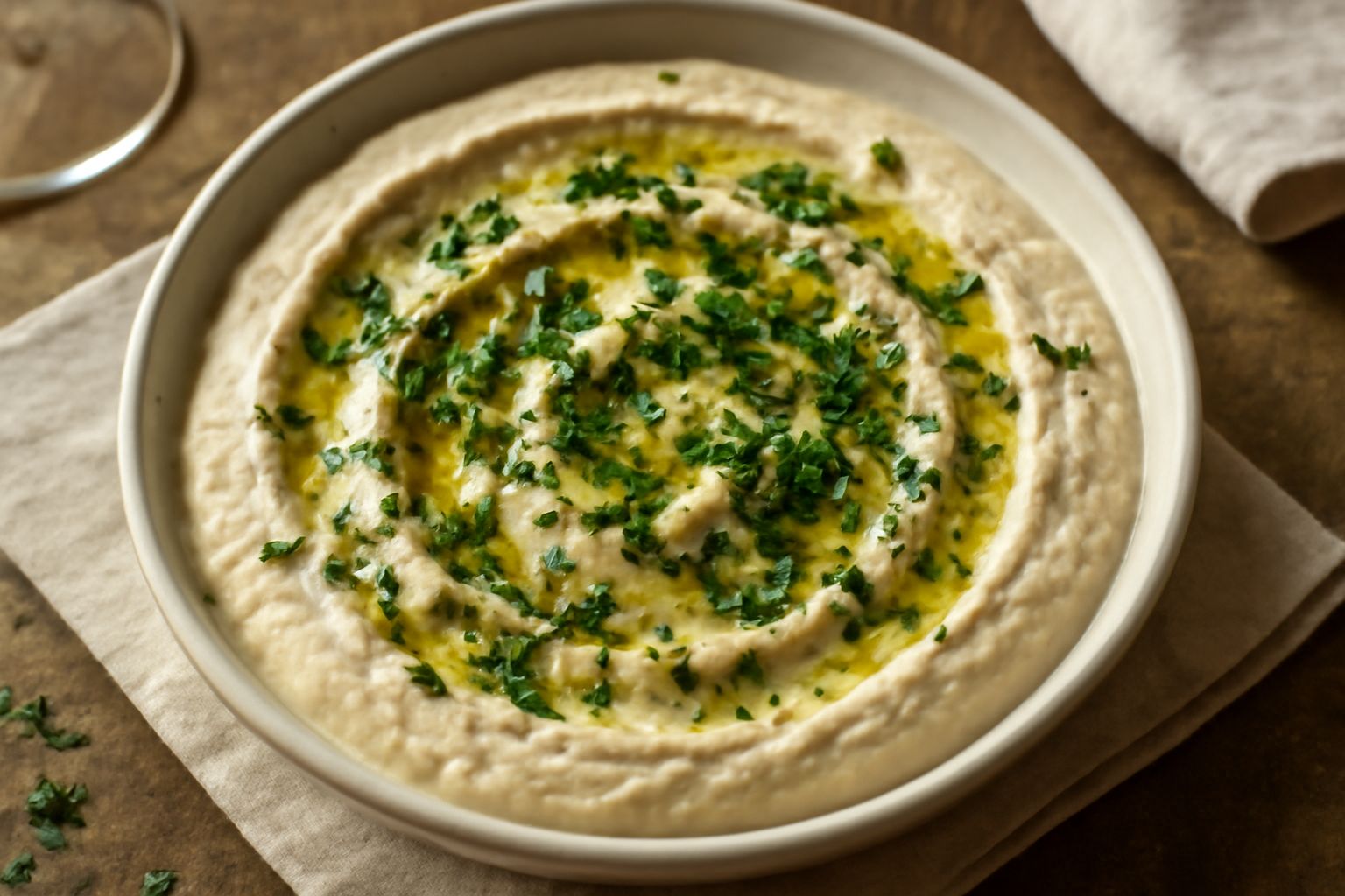 Ciotola di porcellana bianca con salsa di ricotta color beige cremoso, decorata con petali di prezzemolo fresco verde e una spruzzata di scorza di limone gialla, con cucchiaio di legno inserito