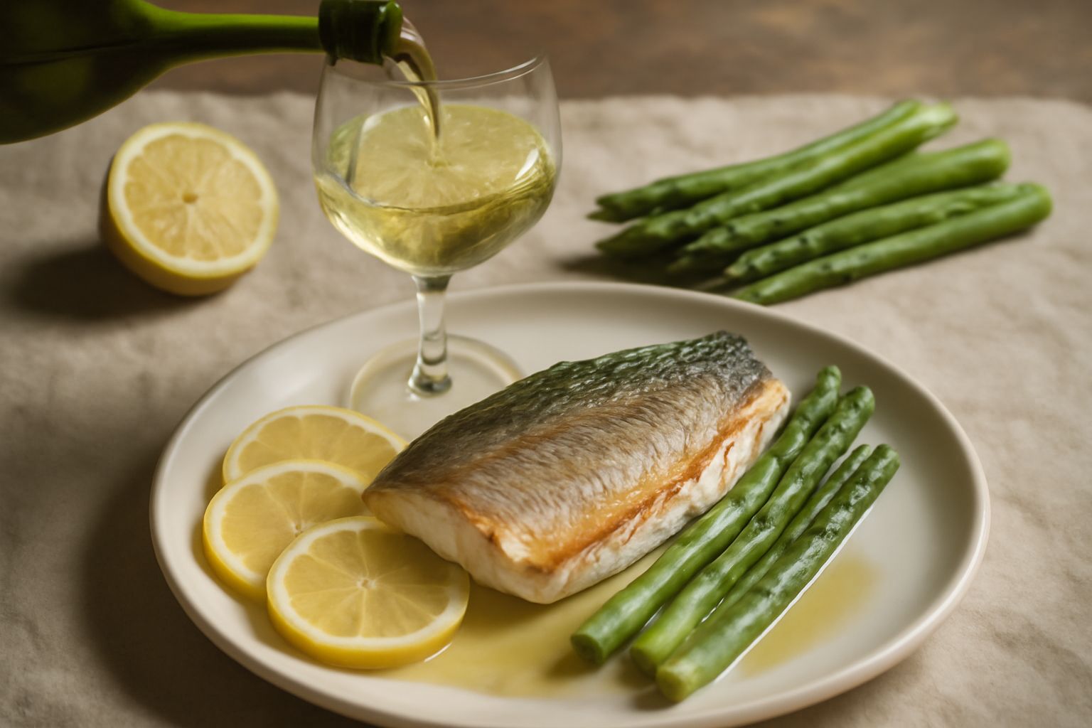 Calice di Sauvignon Blanc trasparente con riflessi giallo verdognolo, accanto a fette di limone fresco, asparagi verdi e un piatto di pesce bianco al forno