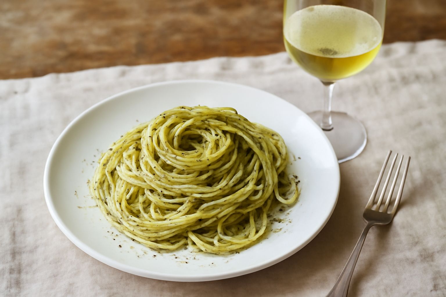 Calice di vino bianco Sauvignon Collio con riflessi gialli e verdognoli, su tavolo di legno scuro, con grappoli d'uva bianca e erbe aromatiche fresche sullo sfondo sfocato