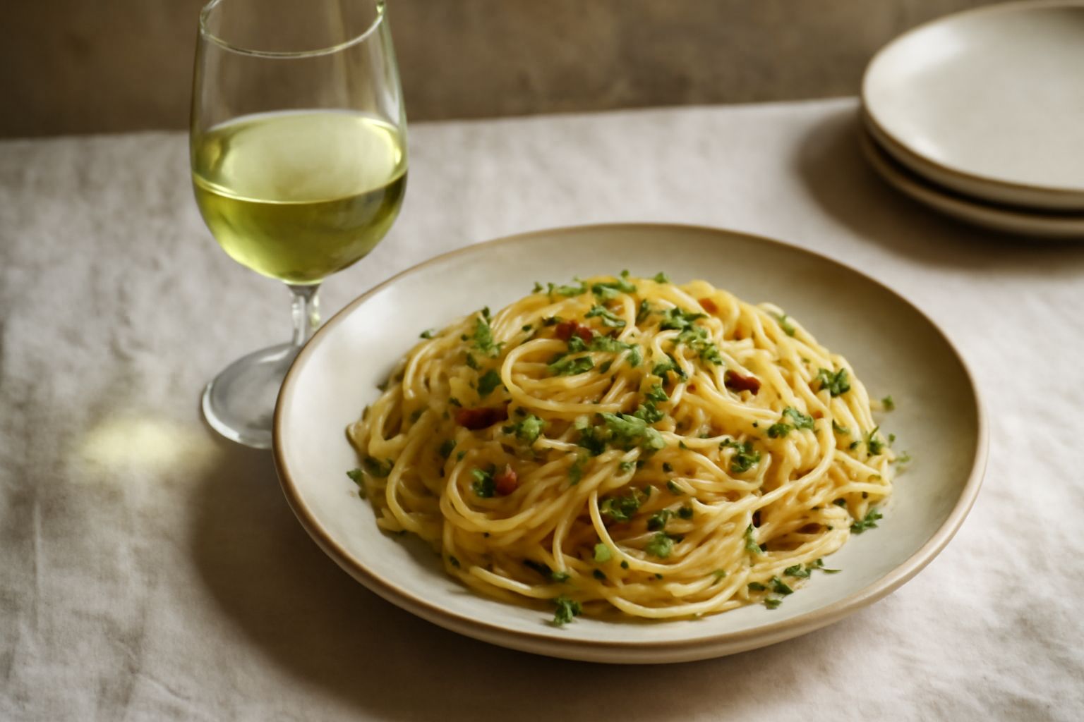 Bicchiere di vino bianco Sauvignon Friuli con riflessi giallognoli, servito su tavola di legno, accanto a fette di limone fresco, erbe aromatiche e una bottiglia di vino leggermente inclinata