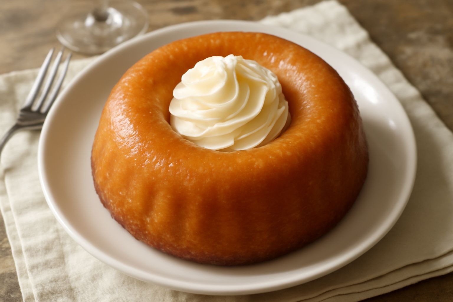Savarin dorato a forma di ciambella su piatto bianco, bagnato di sciroppo lucido, guarnito con frutta rossa e ciliegie, con una tazza di caffè accanto