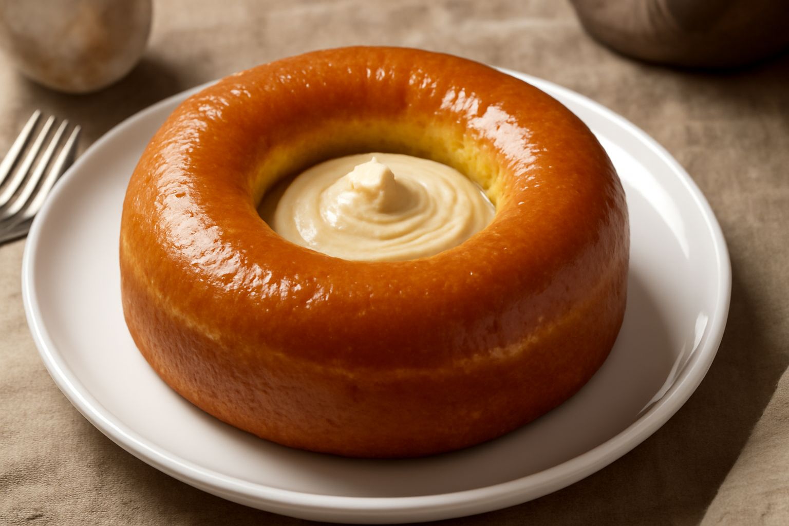 Savarin a forma di ciambella dorato e lucido, glassato, con crema ai noccioli visibile nel buco centrale e guarnito con nocciole intere tostate, su piatto bianco