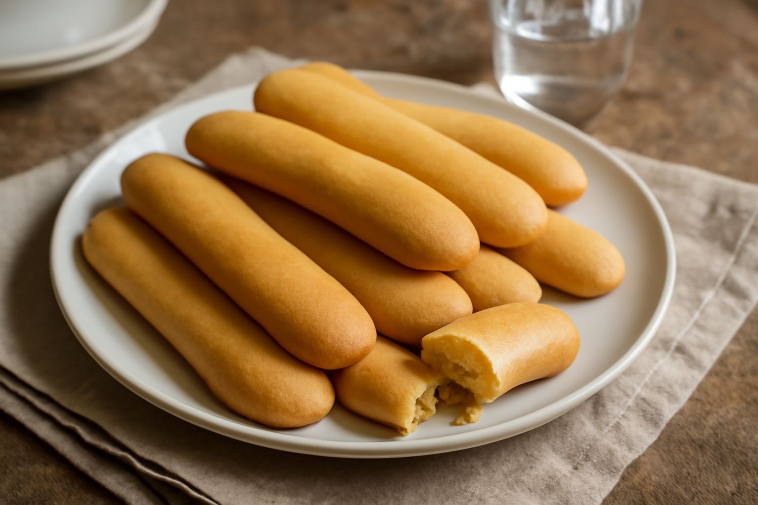 Savoiardi calabresi disposti su un piatto bianco, color dorato uniforme, dalla forma allungata e leggermente ricurva, con superfice liscia e brillante