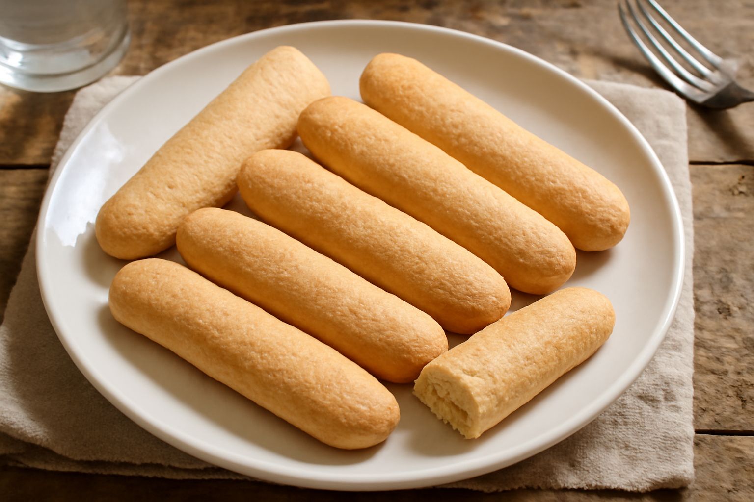 Savoiardi di Pizzo bicolori disposti su un piatto bianco: biscotti allungati e croccanti con la superficie zigrinata, dorati e ricoperti di zucchero semolato