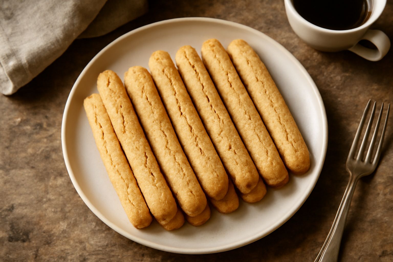 Savoiardi ferraresi disposti in fila su una superficie di marmo bianco, biscotti allungati color oro con superficie leggermente rugosa e croccante, alcuni inzuppati parzialmente in una tazza di caffè 