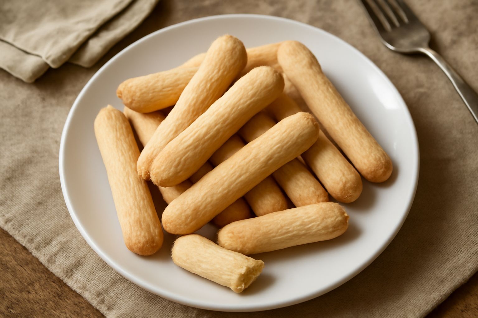 Savoiardi liguri disposti su una superficie bianca, biscotti lunghi e affusolati di colore dorato chiaro, con una leggera crosticina croccante visibile e superficie liscia