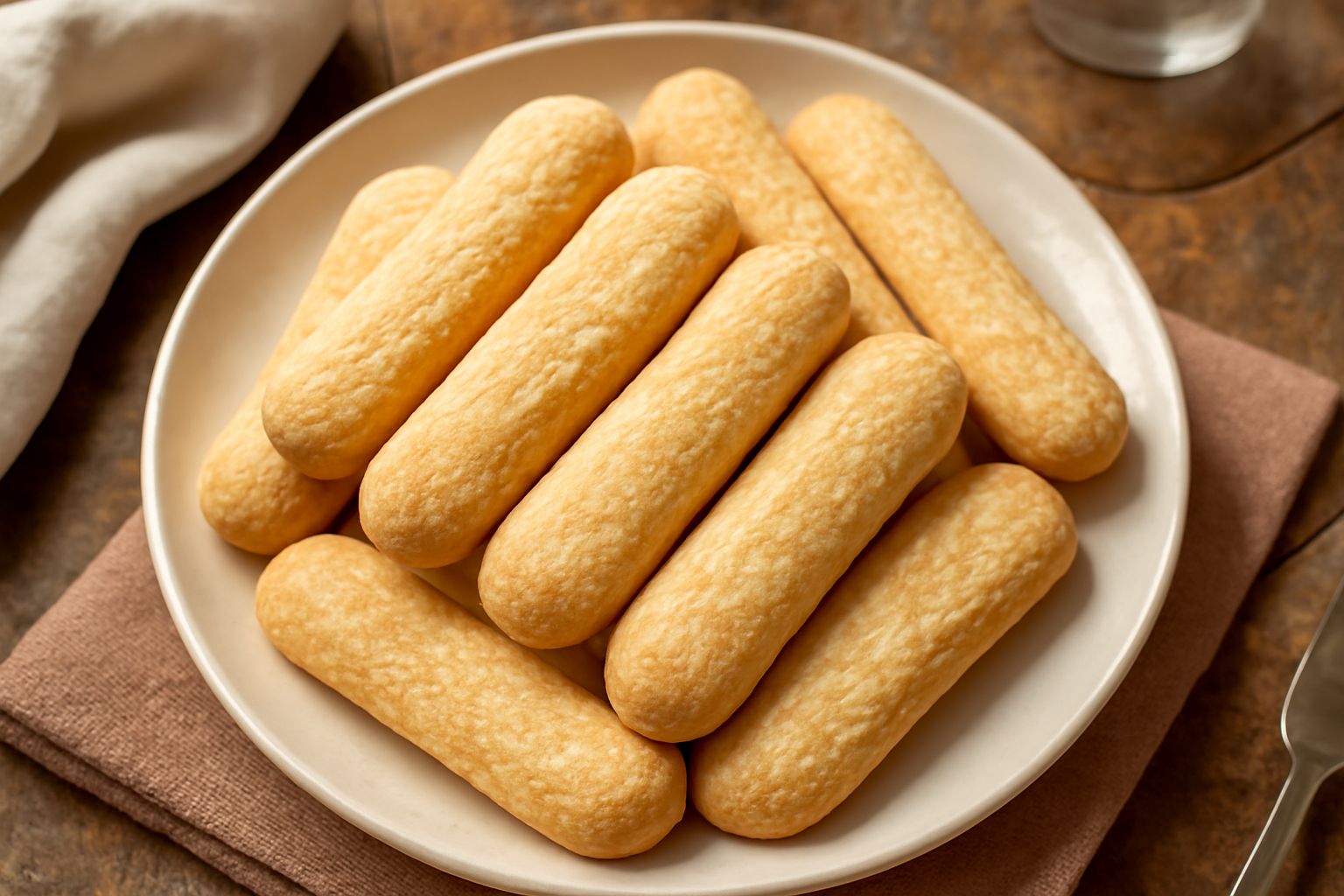 Savoiardi piemontesi color oro disposti in piedi su un piatto bianco, dal profilo allungato e affusolato, con superficie leggermente irregolare e sbrinata di zucchero semolato, sfondo neutro chiaro