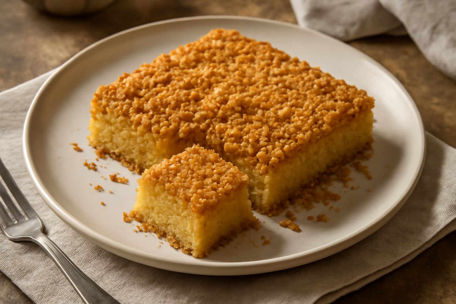 Sbriciolata di semolina dorata in una teglia quadrata da forno, con superficie frammentata e granulosa di colore marrone chiaro, ancora calda appena sfornata