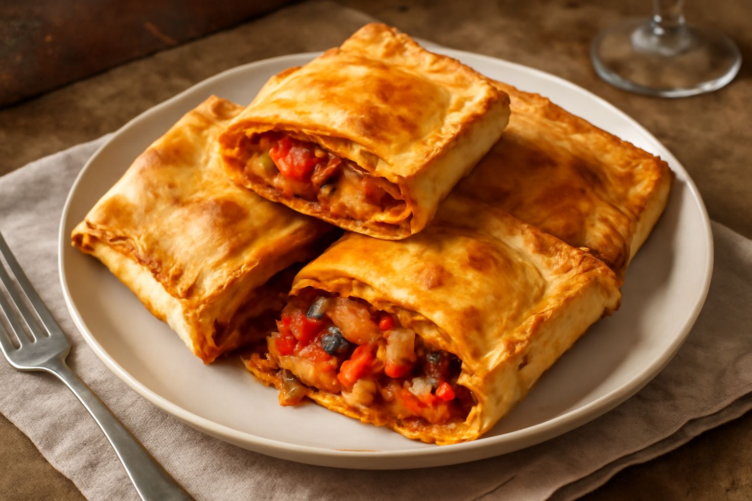 Scacce siciliane dorate e croccanti in un vassoio di terracotta, tagliate a metà per mostrare i strati di impasto e il ripieno di verdure e formaggio filante