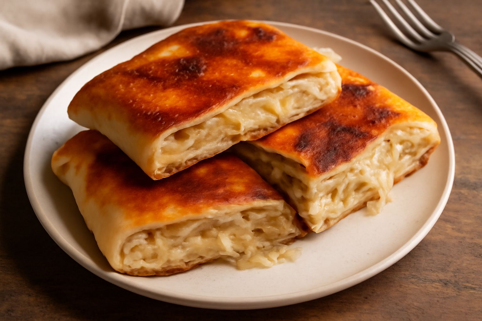 Scaccia al forno appena sfornata, dorata e croccante, tagliata a fette quadrate, vapore ancora visibile, ripieno di cipolla e formaggio bianco filante ben visible all'interno, piatto bianco con olio d