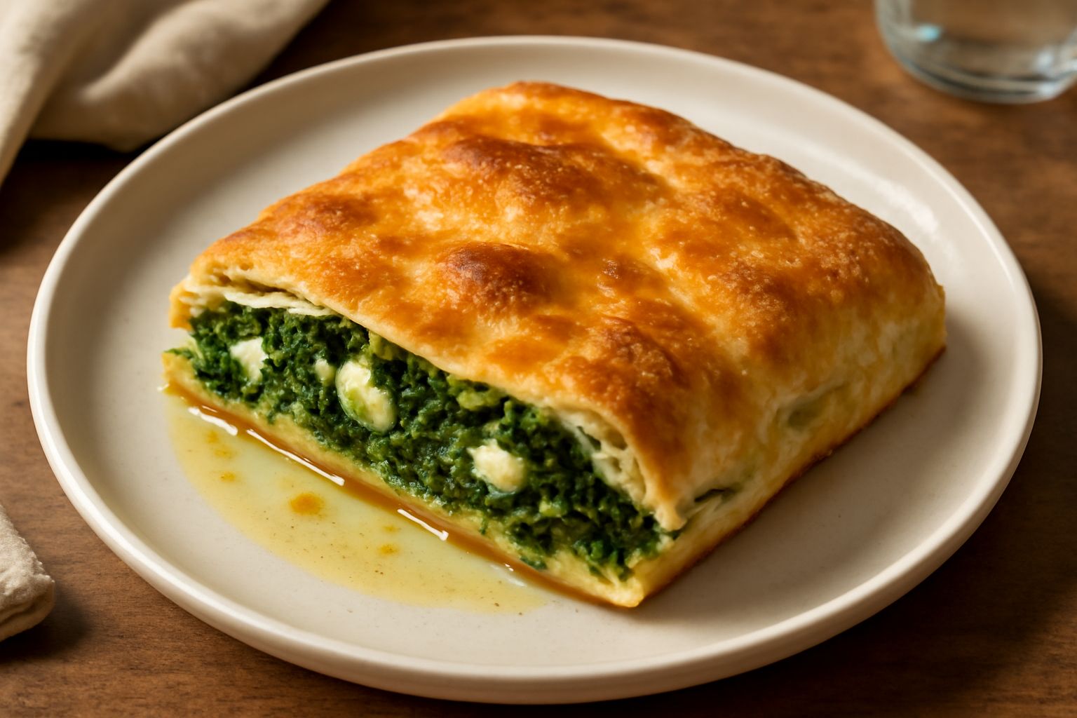 Scaccia ca' brocculu tagliata a metà su un piatto bianco, mostra la sfoglia dorata croccante e il ripieno verde di broccoli con formaggio filante