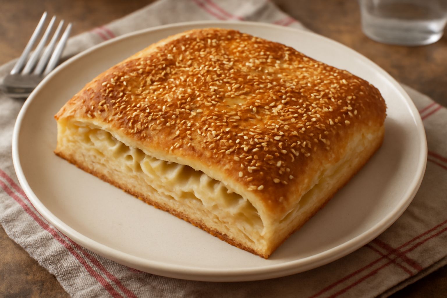 Scaccia ca' cipolla tagliata a fette, impasto dorato e croccante, interno ripieno di cipolle bianche caramellate in filamenti, poggiata su tavolo di legno con sfondo bianco