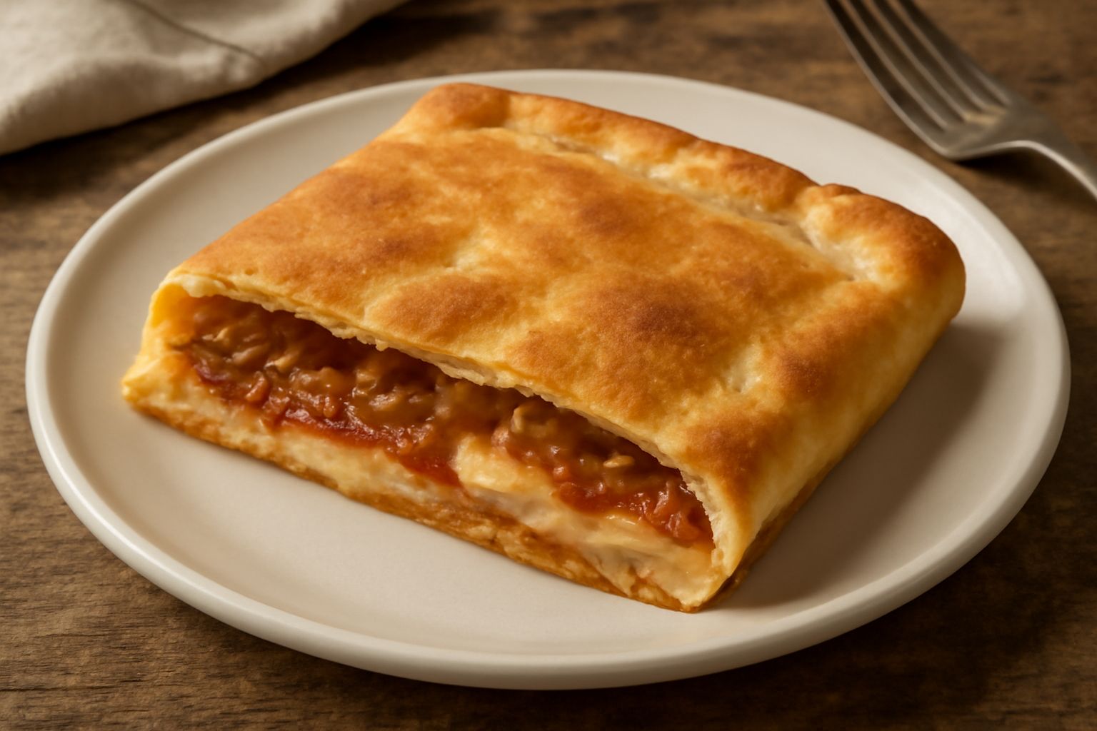 Una focaccia rettangolare dorata e croccante, tagliata a quadratoni, con strati visibili di cipolla caramellata, pomodoro e formaggio filante, servita su carta bianca