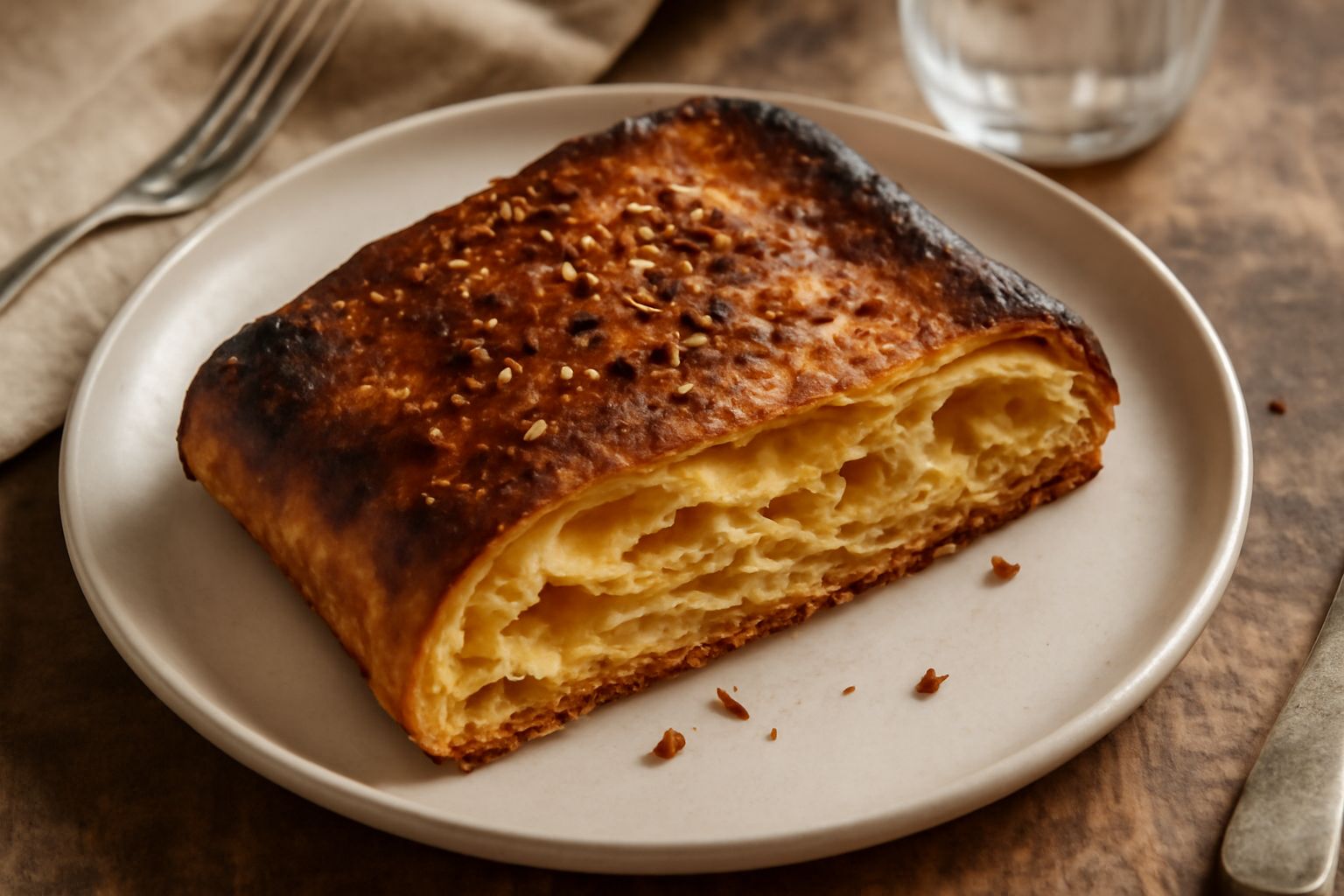 Scaccia ca' pani spezzata in due, che mostra l'interno stratificato con bolle d'aria dorate, crosta marrone scuro croccante, condita in superficie con grani di sale grosso e olio d'oliva