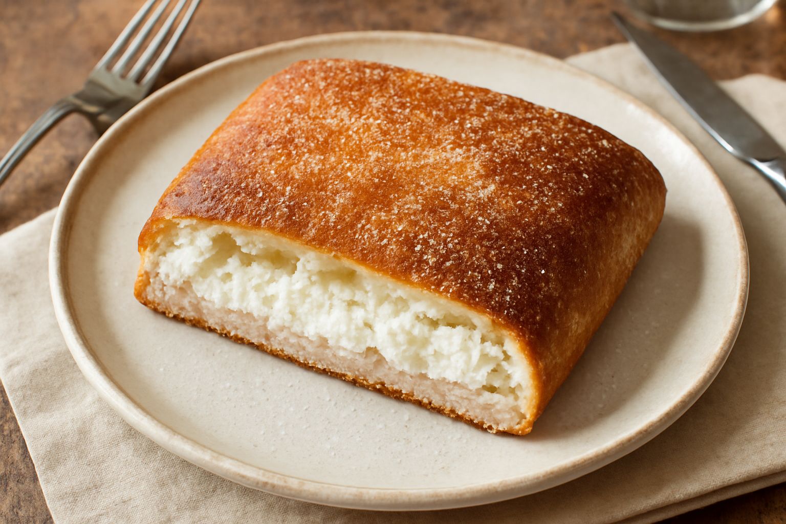 Scaccia ca' ricotta tagliata a fette su tavolo di legno, crosta dorata croccante, interno color crema con ricotta visibile, spolverata di zucchero semolato sulla superficie
